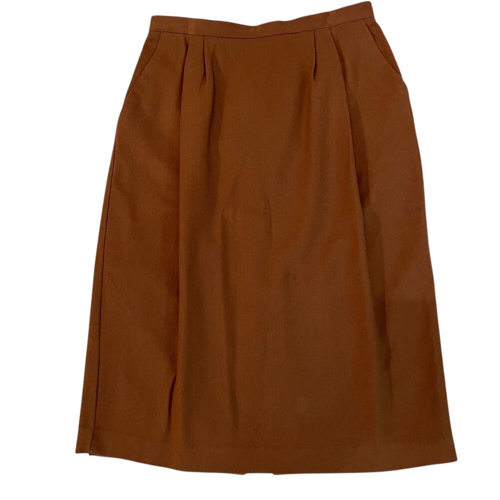 Vtg Kim Rogers A-Line Skirt Brown Wool Side Pockets Back Slit Midi High Waist